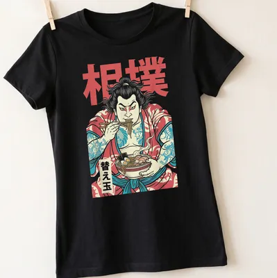 Cartoon sumo wrestler eating ramen noodles with Japanese kanji text — printed on a women's shirt