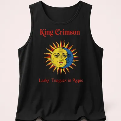 Vintage style t-shirt featuring a sun face and the text King Crimson Larks' Tongues in Aspic — printed on a tank top