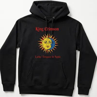 Vintage style t-shirt featuring a sun face and the text King Crimson Larks' Tongues in Aspic — printed on a unisex hoodie