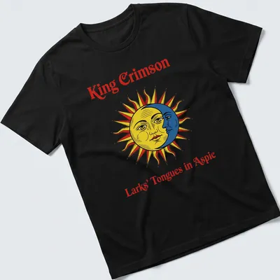 Vintage style t-shirt featuring a sun face and the text King Crimson Larks' Tongues in Aspic