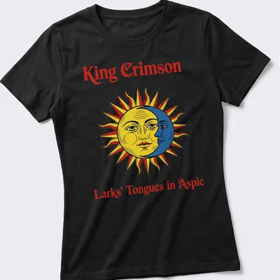 Vintage style t-shirt featuring a sun face and the text King Crimson Larks' Tongues in Aspic — printed on a women's shirt