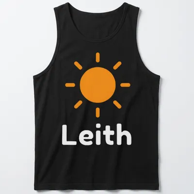 Illustration of a stylized sun with the text 'Sunshine On Leith' in orange and white. — printed on a tank top
