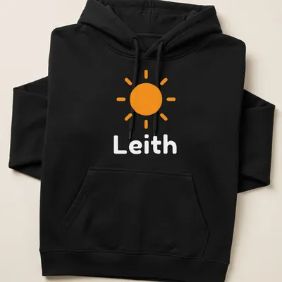 Illustration of a stylized sun with the text 'Sunshine On Leith' in orange and white. — printed on a unisex hoodie