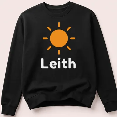 Illustration of a stylized sun with the text 'Sunshine On Leith' in orange and white. — printed on a unisex sweatshirt
