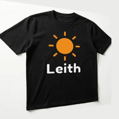 Illustration of a stylized sun with the text 'Sunshine On Leith' in orange and white. — printed on a unisex t-shirt (angled view)
