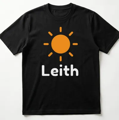 Illustration of a stylized sun with the text 'Sunshine On Leith' in orange and white.