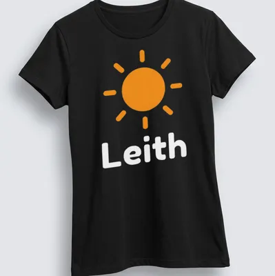 Illustration of a stylized sun with the text 'Sunshine On Leith' in orange and white. — printed on a women's shirt