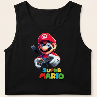 Cartoon Super Mario holding a gamepad with bold text above. — printed on a tank top