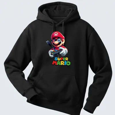 Cartoon Super Mario holding a gamepad with bold text above. — printed on a unisex hoodie