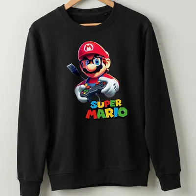 Cartoon Super Mario holding a gamepad with bold text above. — printed on a unisex sweatshirt