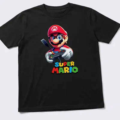 Cartoon Super Mario holding a gamepad with bold text above.