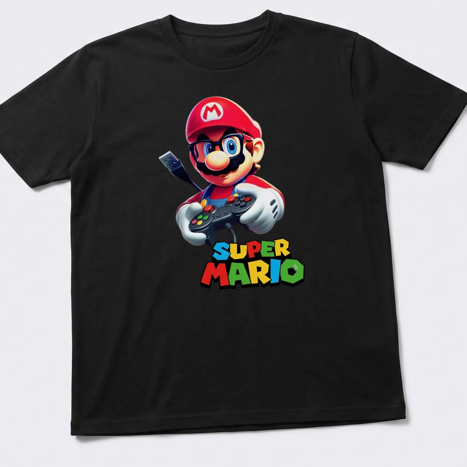 Cartoon Super Mario holding a gamepad with bold text above. — printed on a unisex t-shirt