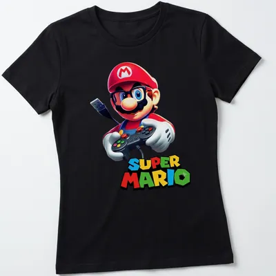 Cartoon Super Mario holding a gamepad with bold text above. — printed on a women's shirt