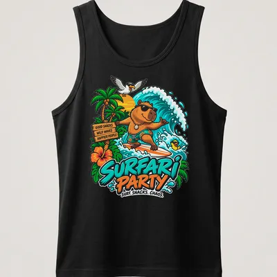 Colorful cartoon design of a surfing capybara with text about snacks and chaos — printed on a tank top