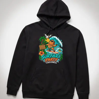 Colorful cartoon design of a surfing capybara with text about snacks and chaos — printed on a unisex hoodie