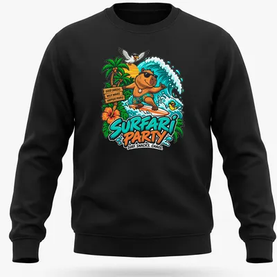 Colorful cartoon design of a surfing capybara with text about snacks and chaos — printed on a unisex sweatshirt
