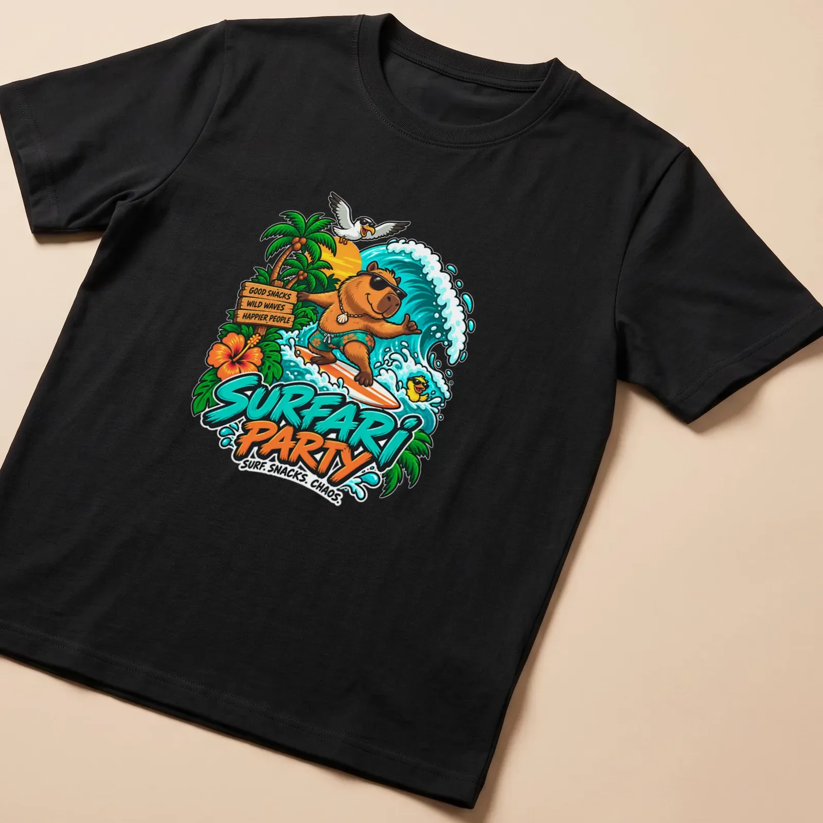 Colorful cartoon design of a surfing capybara with text about snacks and chaos — printed on a unisex t-shirt