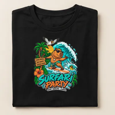 Colorful cartoon design of a surfing capybara with text about snacks and chaos — printed on a women's shirt
