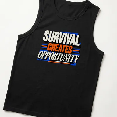 Bold typography shirt stating 'Survival Creates Opportunity' in black, white, orange, and blue. — printed on a tank top