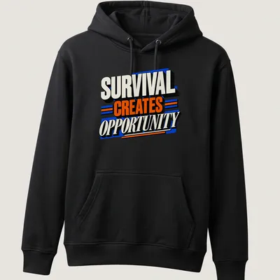 Bold typography shirt stating 'Survival Creates Opportunity' in black, white, orange, and blue. — printed on a unisex hoodie