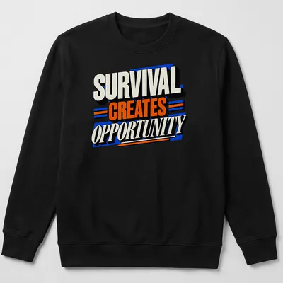 Bold typography shirt stating 'Survival Creates Opportunity' in black, white, orange, and blue. — printed on a unisex sweatshirt