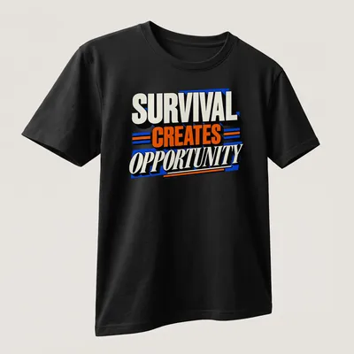 Bold typography shirt stating 'Survival Creates Opportunity' in black, white, orange, and blue. — printed on a unisex t-shirt (angled view)