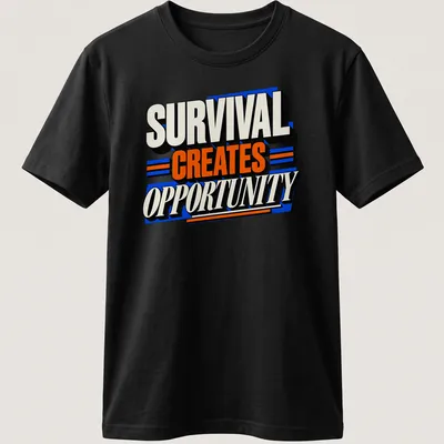 Bold typography shirt stating 'Survival Creates Opportunity' in black, white, orange, and blue.