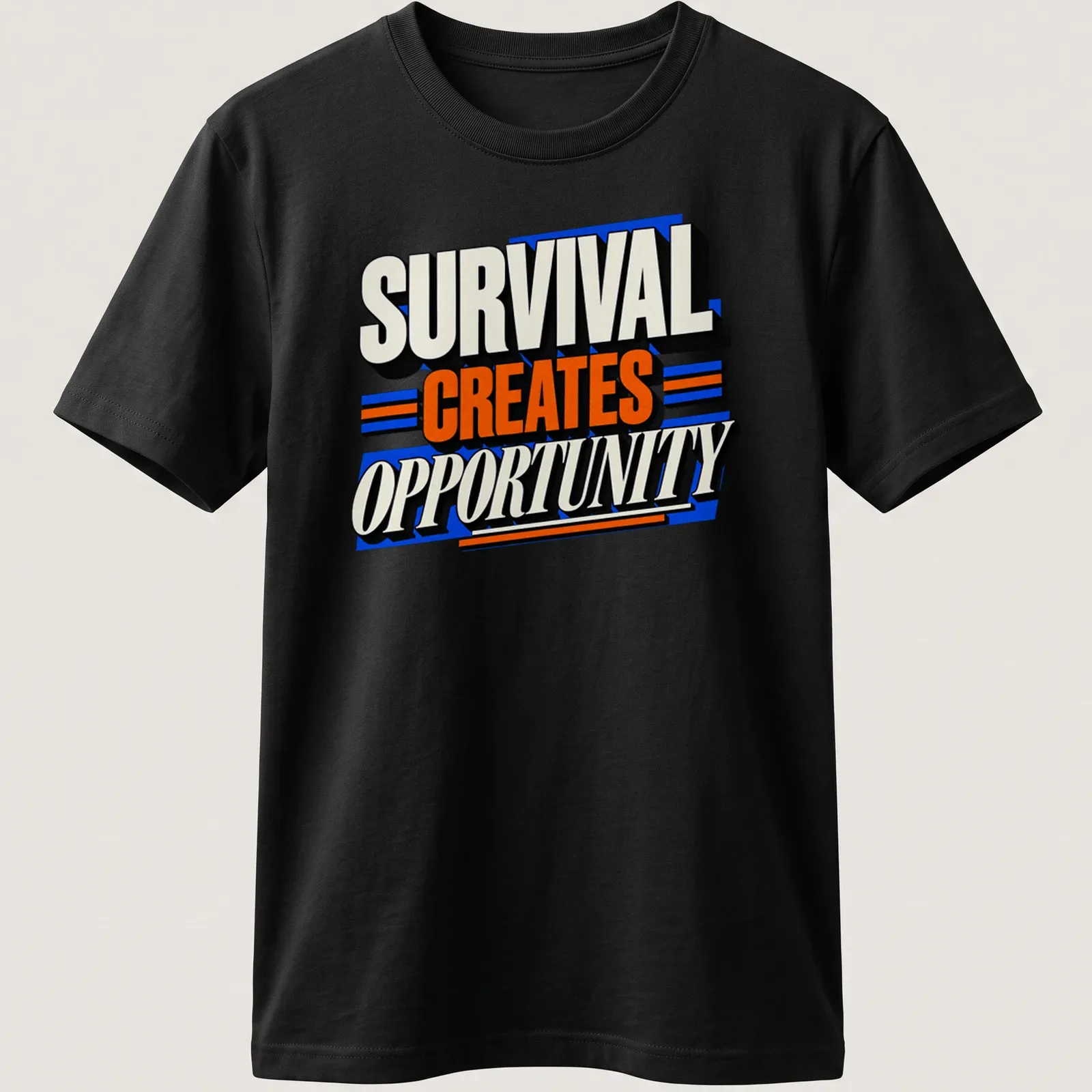 Bold typography shirt stating 'Survival Creates Opportunity' in black, white, orange, and blue. — printed on a unisex t-shirt