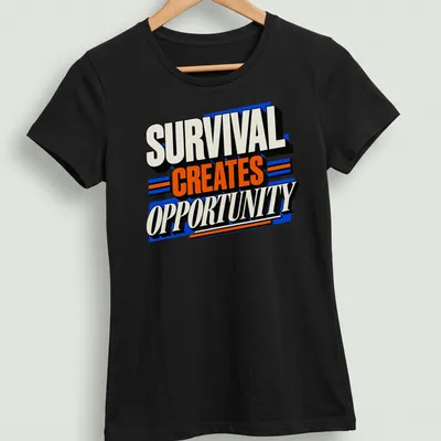 Bold typography shirt stating 'Survival Creates Opportunity' in black, white, orange, and blue. — printed on a women's shirt