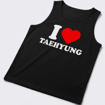 Bold typography t-shirt with the text 'I Love Taehyung' in red and white. — printed on a tank top