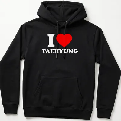 Bold typography t-shirt with the text 'I Love Taehyung' in red and white. — printed on a unisex hoodie