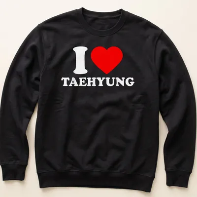 Bold typography t-shirt with the text 'I Love Taehyung' in red and white. — printed on a unisex sweatshirt