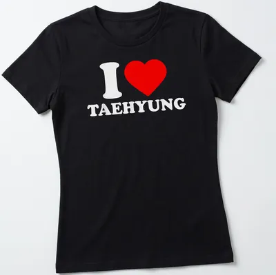 Bold typography t-shirt with the text 'I Love Taehyung' in red and white. — printed on a women's shirt