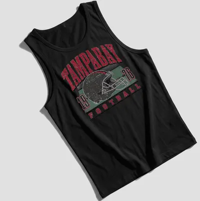 Retro distressed Tampa Bay football helmet t-shirt with bold lettering — printed on a tank top