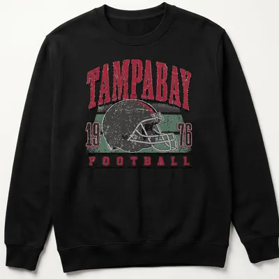 Retro distressed Tampa Bay football helmet t-shirt with bold lettering — printed on a unisex sweatshirt