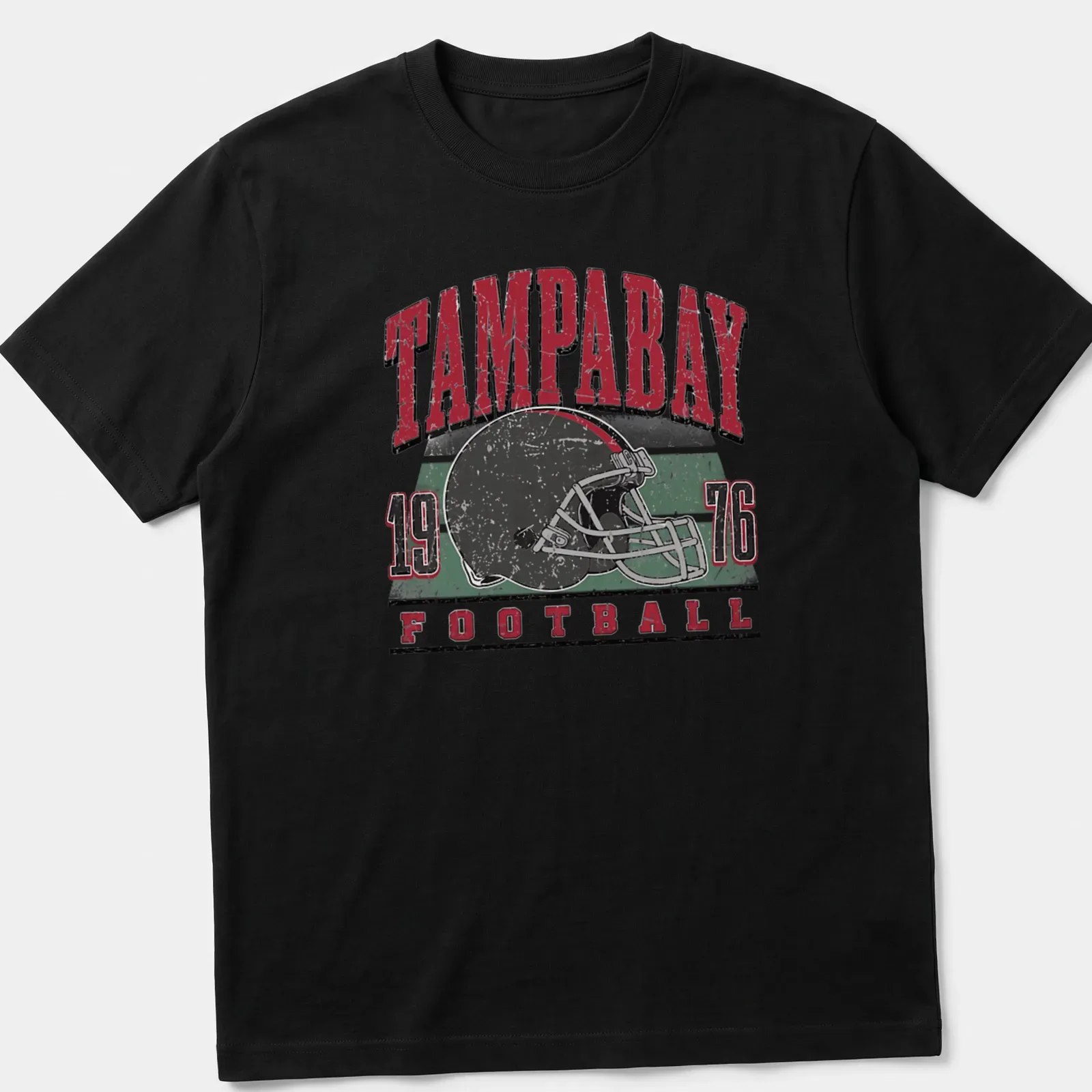 Retro distressed Tampa Bay football helmet t-shirt with bold lettering — printed on a unisex t-shirt