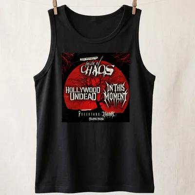Grunge tour shirt with tree silhouette and bold concert text in red and black — printed on a tank top