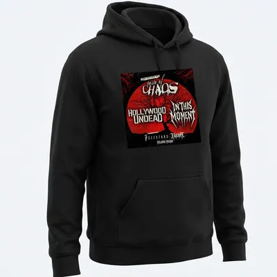 Grunge tour shirt with tree silhouette and bold concert text in red and black — printed on a unisex hoodie