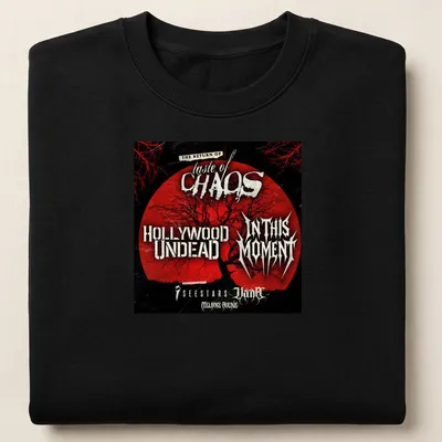 Grunge tour shirt with tree silhouette and bold concert text in red and black — printed on a unisex sweatshirt