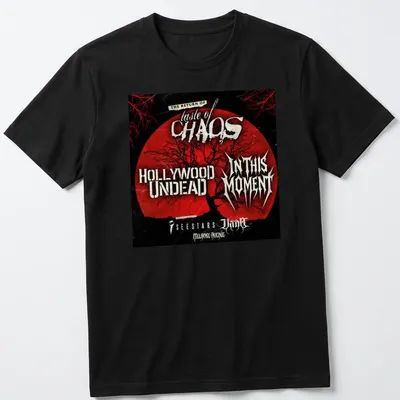 Grunge tour shirt with tree silhouette and bold concert text in red and black