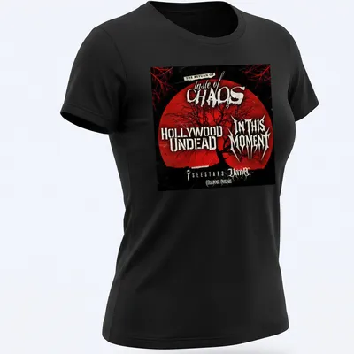 Grunge tour shirt with tree silhouette and bold concert text in red and black — printed on a women's shirt