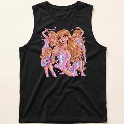 Colorful pop art of Taylor Swift with text 'Taylor In Eras' — printed on a tank top