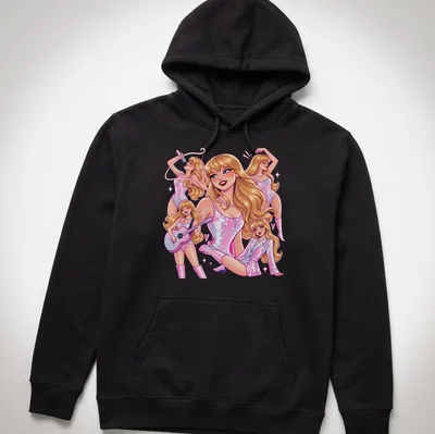 Colorful pop art of Taylor Swift with text 'Taylor In Eras' — printed on a unisex hoodie