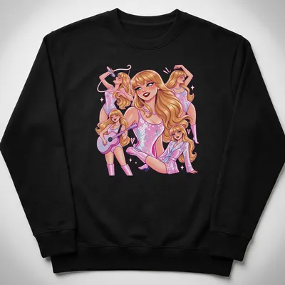 Colorful pop art of Taylor Swift with text 'Taylor In Eras' — printed on a unisex sweatshirt