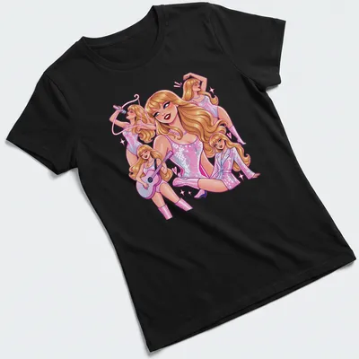 Colorful pop art of Taylor Swift with text 'Taylor In Eras' — printed on a women's shirt