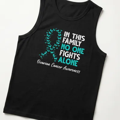 Teal ribbon with butterflies and supportive text for ovarian cancer awareness — printed on a tank top
