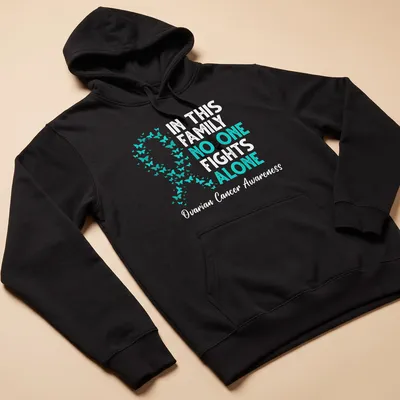 Teal ribbon with butterflies and supportive text for ovarian cancer awareness — printed on a unisex hoodie