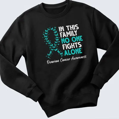 Teal ribbon with butterflies and supportive text for ovarian cancer awareness — printed on a unisex sweatshirt