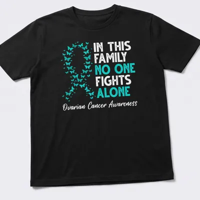 Teal ribbon with butterflies and supportive text for ovarian cancer awareness