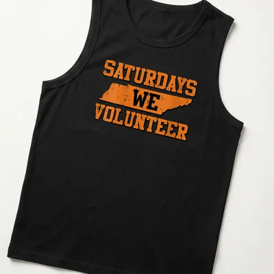 Distressed Tennessee outline with the text Saturdays We Volunteer in orange and black. — printed on a tank top